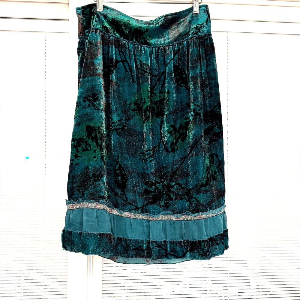 Y2K Cynthia Steffe Teal Black Floral Velvet Burnout Ruffle Midi Skirt Womens 12